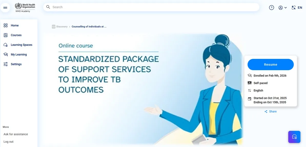 The Online Course on the Standardised Package of Community-Based Support Services is available on the updated WHO Platform